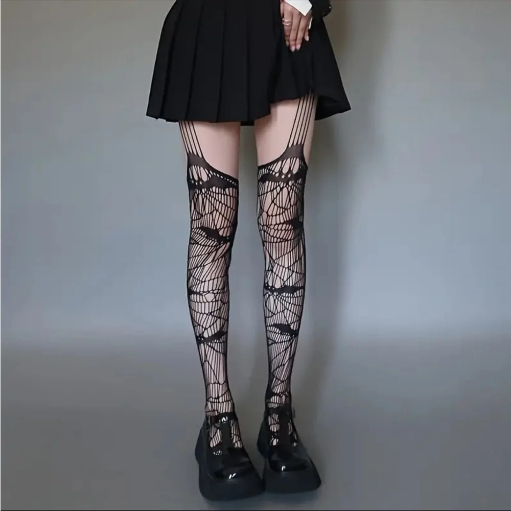 Black Bat Fishnet Suspender Tights Hollow Out High Waist Mesh Pantyhose One Size
